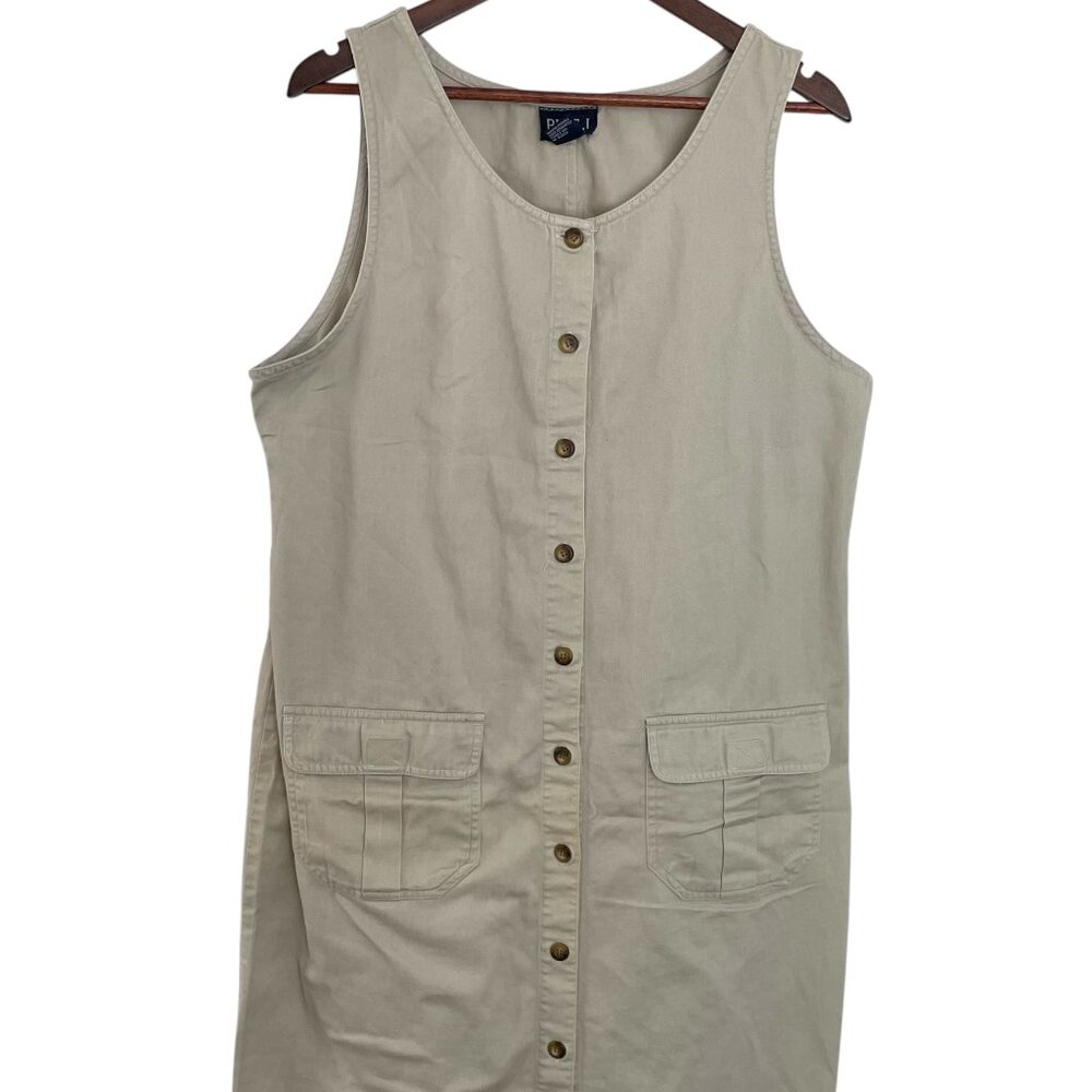 Vintage 90s Blue J. Khaki Maxi Sun Dress L Tan Cargo Pockets Granola Gorpcore